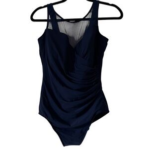 Miraclesuit Ruched One Piece in Navy With Sheer Detail size 16W